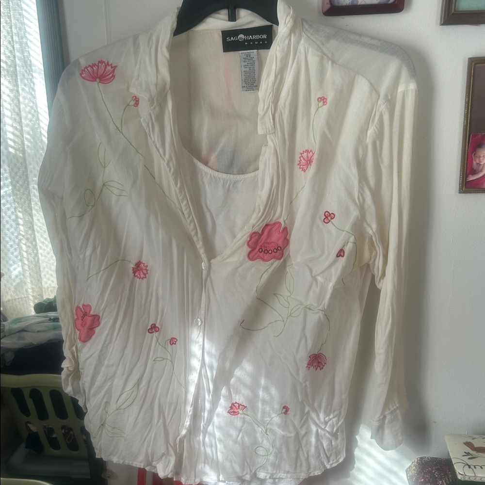 Sag Harbor White Blouse with Pink Floral Design